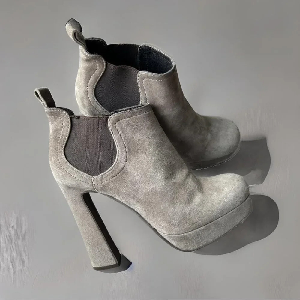 Vera Gomma Taupe Suede Leather Chunky Heel Platform Slip On Ankle Boots